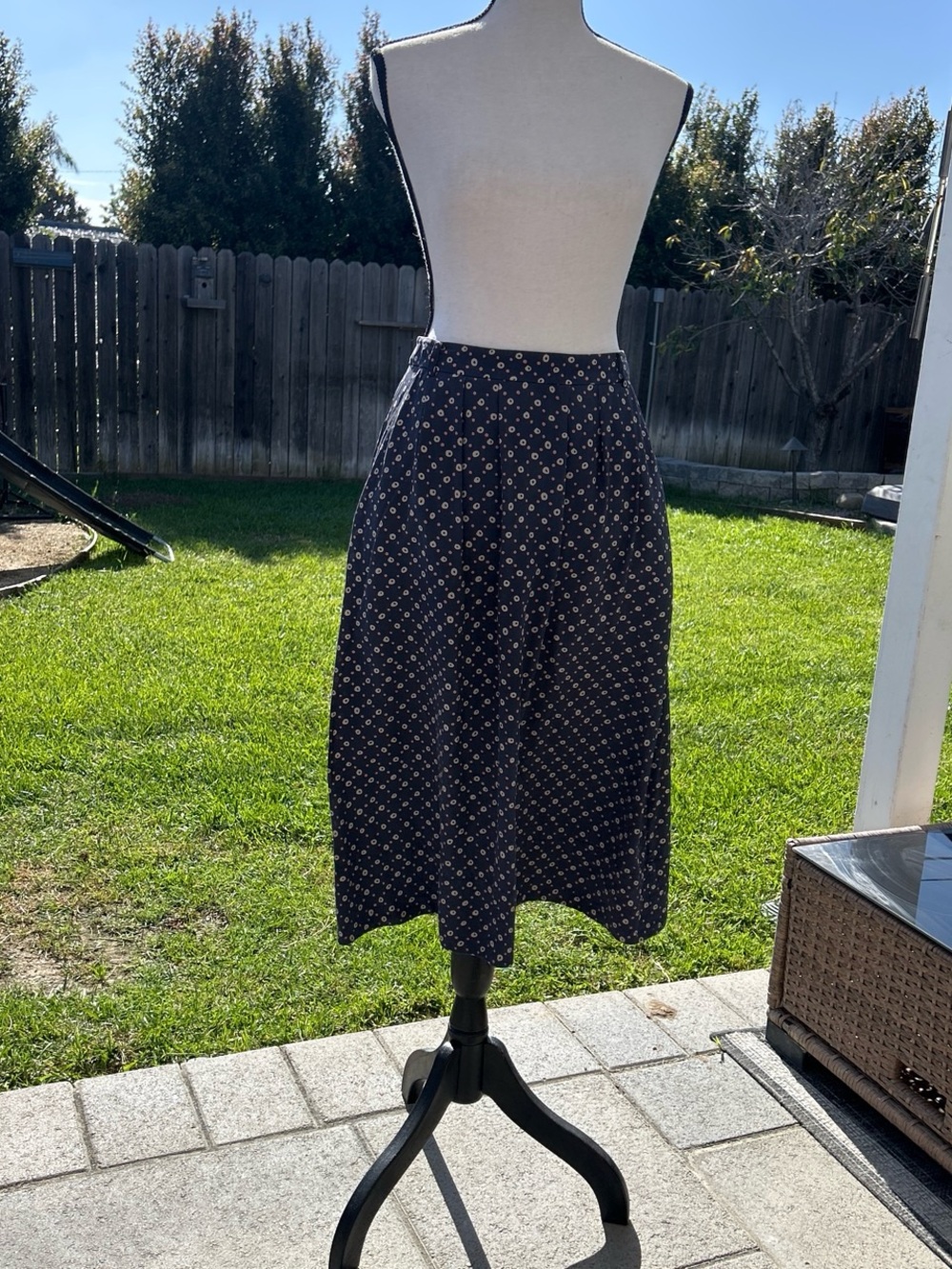 Fossil Navy Midi Skirt with Cream Dot Floral Print